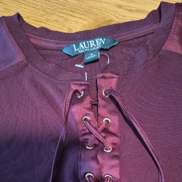 Ralph Lauren Burgundy Lace-Up Long Sleeve Top | Size S - Picture 2 of 5